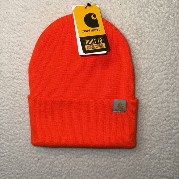 Carhartt Knit Cuffed Beanie Hat One Size Orange Logo AH4597-M NWT - Picture 1 of 3